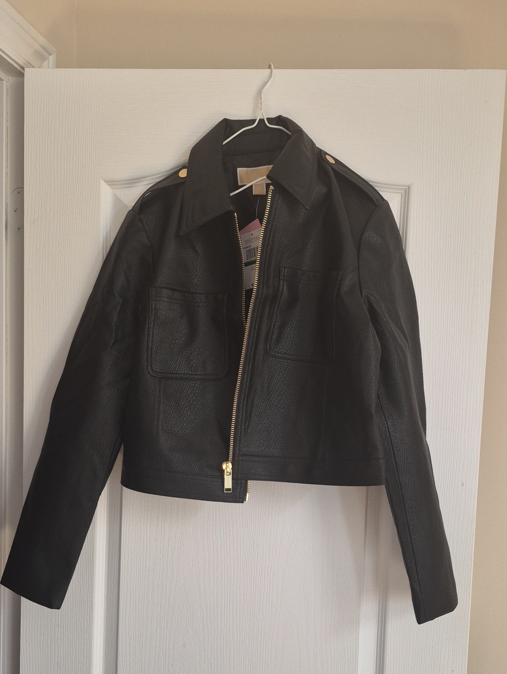 Michael Kors Black Leather Zip Jacket with Gold Hardware